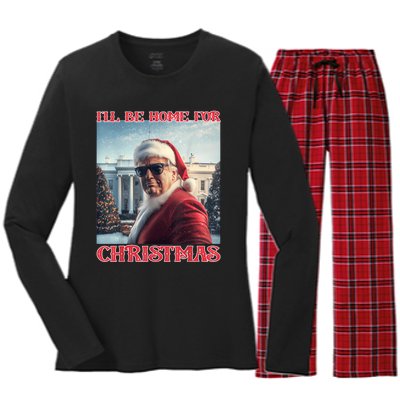 ILl Be Home For Christmas Trump Santa Selfie White House Women's Long Sleeve Flannel Pajama Set 