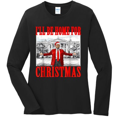 ILl Be Home For Christmas Santa Funny Trump Xmas Pajamas Ladies Long Sleeve Shirt