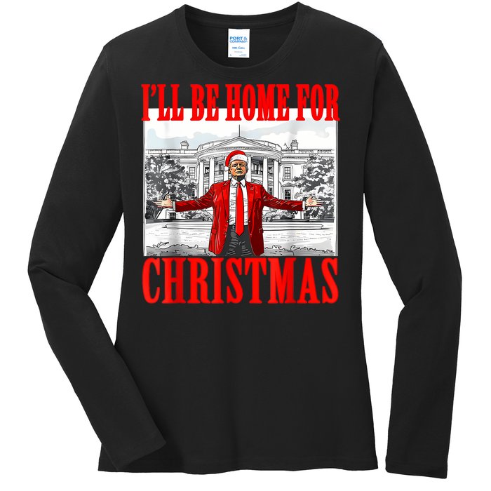 ILl Be Home For Christmas Santa Funny Trump Xmas Pajamas Ladies Long Sleeve Shirt