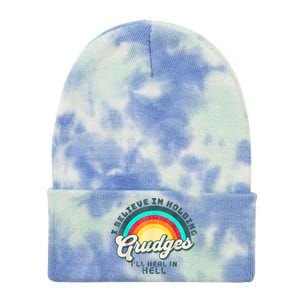 I Believe In Holding Grudges Ill Heal In Hell Heart Rainbow Tie Dye 12in Knit Beanie