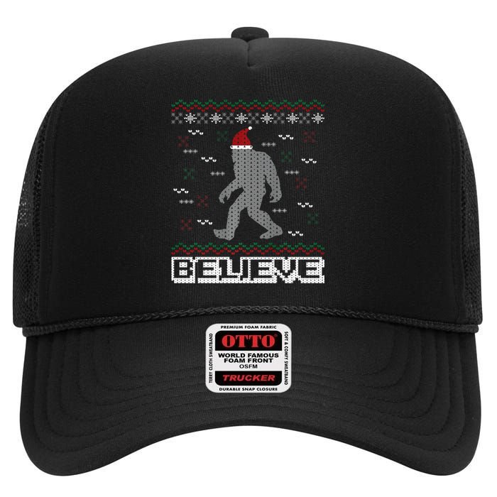 I Believe In Bigfoot Santa Claus Ugly Christmas Sweater High Crown Mesh Back Trucker Hat