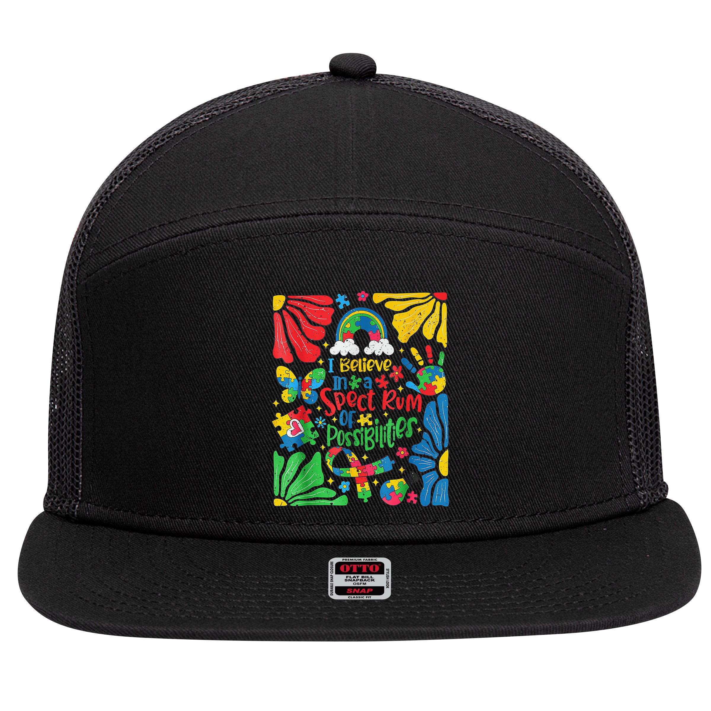 I Believe In A Spectrum Of Possibilities Autism Awareness 7 Panel Mesh Trucker Snapback Hat