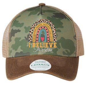 I Believe In You Rainbow Motivational Testing Day Teacher Legacy Tie Dye Trucker Hat