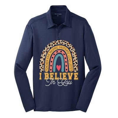 I Believe In You Rainbow Motivational Testing Day Teacher Silk Touch Performance Long Sleeve Polo