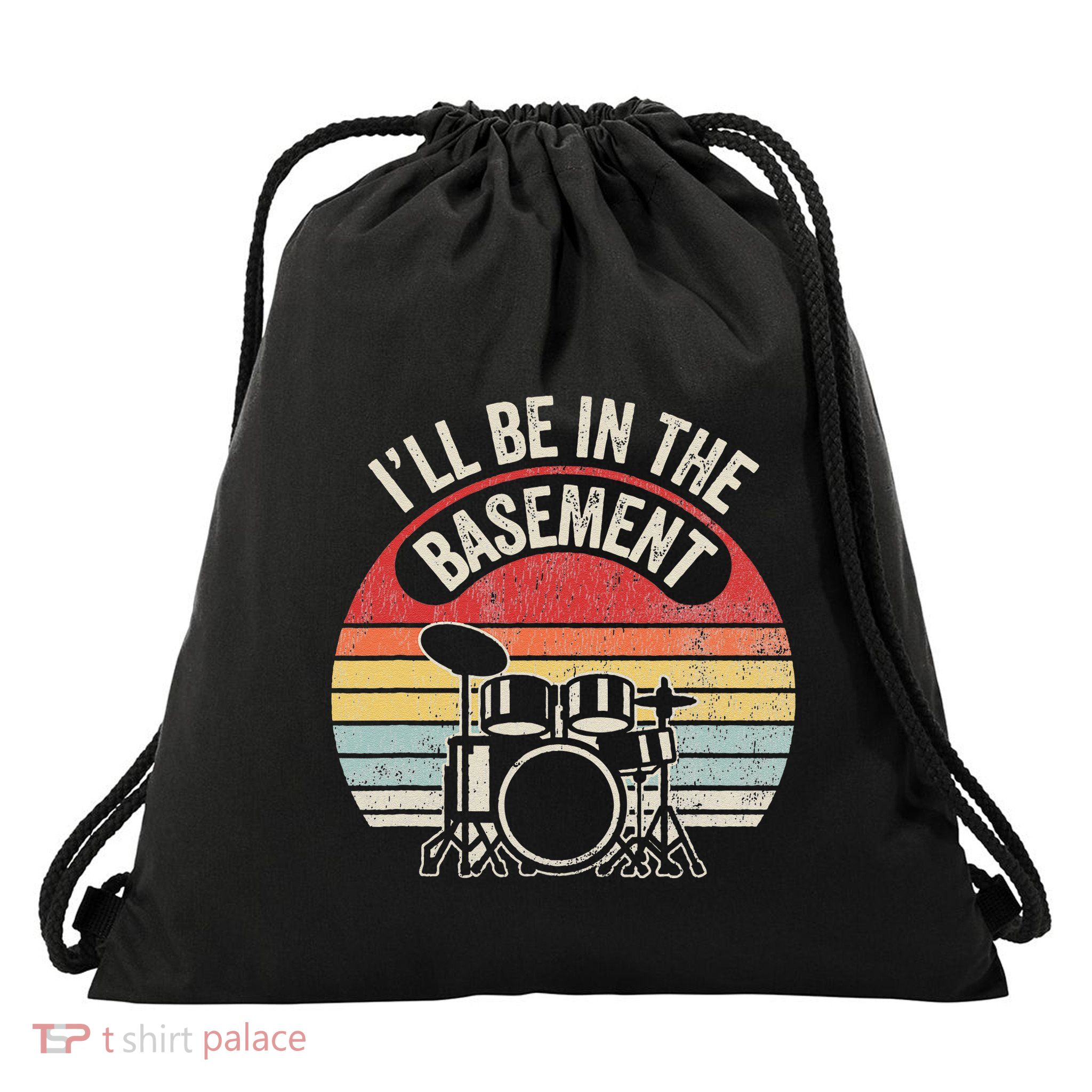 ILl Be In The Basement Drum Set Retro Vibe Drawstring Bag