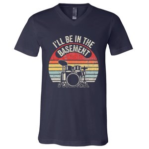 ILl Be In The Basement Drum Set Retro Vibe V-Neck T-Shirt