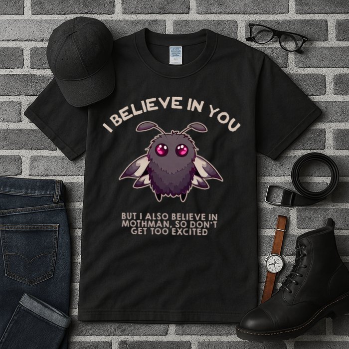 I Believe In You But I Also Believe In Mothman Funny Cryptid Tall T-Shirt