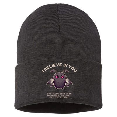 I Believe In You But I Also Believe In Mothman Funny Cryptid Sustainable Knit Beanie