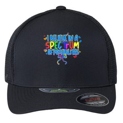 I Believe In A Spectrum Of Possibilities Retro Autism Bow Flexfit Unipanel Trucker Cap