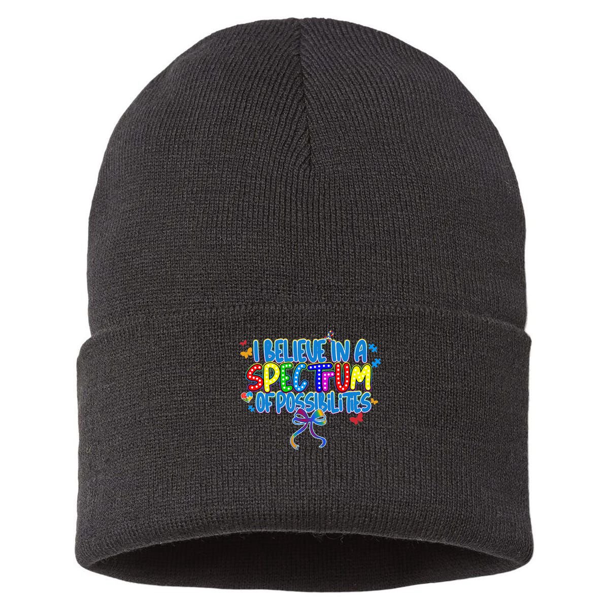 I Believe In A Spectrum Of Possibilities Retro Autism Bow Sustainable Knit Beanie