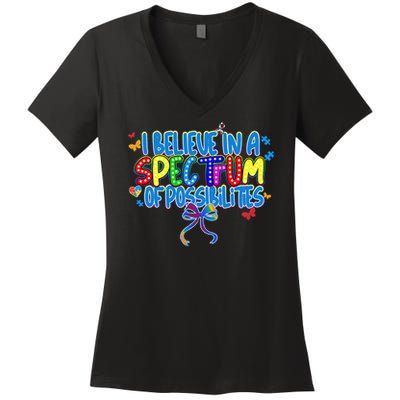 I Believe In A Spectrum Of Possibilities Retro Autism Bow Women's V-Neck T-Shirt