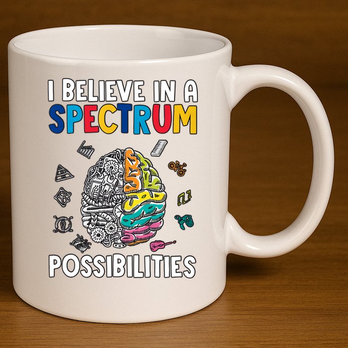 I Believe In Spectrum Possibilities Brain Autism Neurodiversity Autism Support 11oz C Handle Ceramic Mug