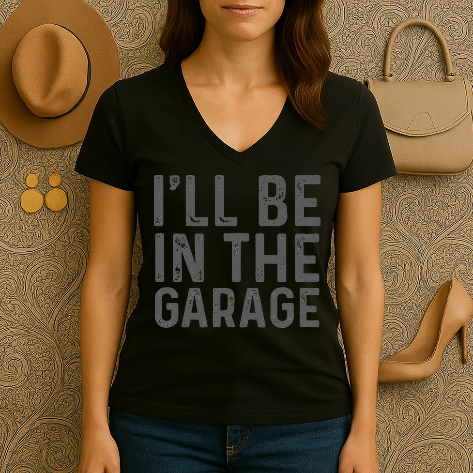 I'll Be in The Garage Mechanic Dad Joke Handyman Grandpa Fun Women's V-Neck T-Shirt