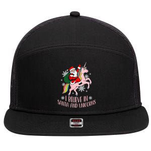 I Believe In Santa And Unicorns Funny Christmas 7 Panel Mesh Trucker Snapback Hat