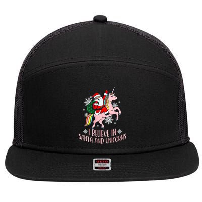 I Believe In Santa And Unicorns Funny Christmas 7 Panel Mesh Trucker Snapback Hat