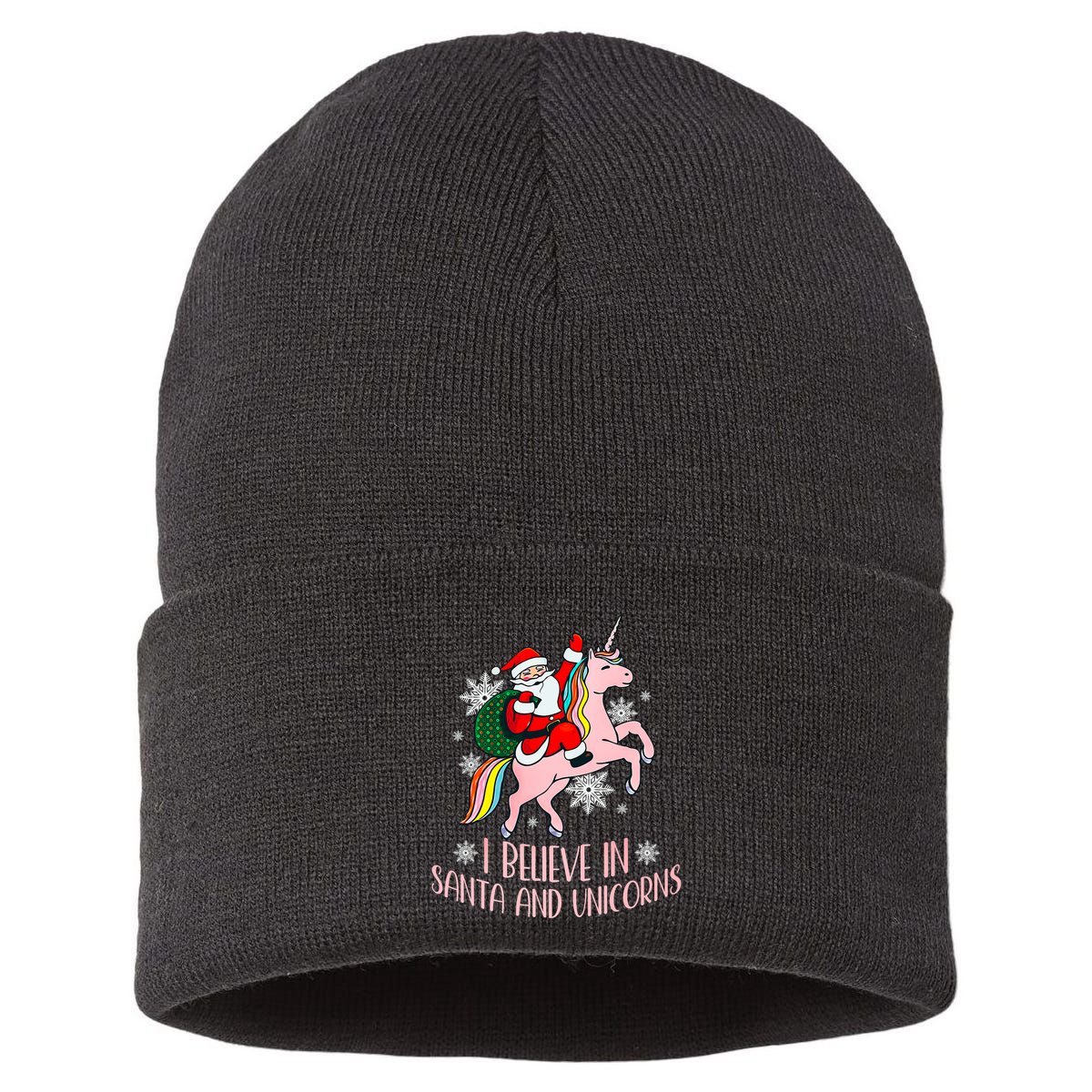 I Believe In Santa And Unicorns Funny Christmas Sustainable Knit Beanie
