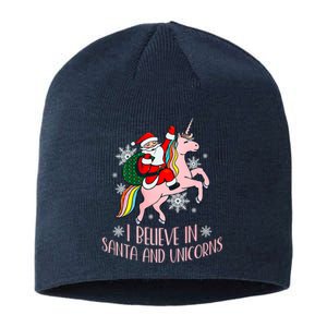 I Believe In Santa And Unicorns Funny Christmas Sustainable Beanie