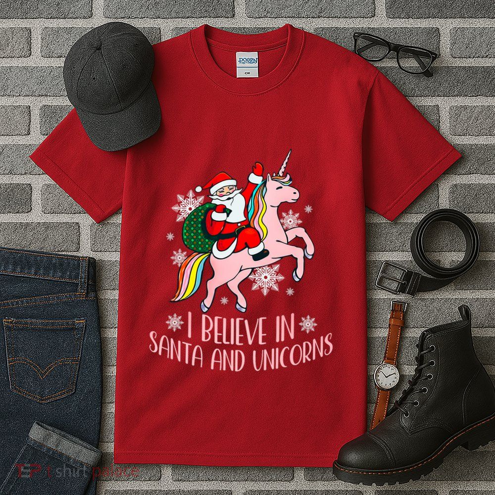 I Believe In Santa And Unicorns Funny Christmas Tall T-Shirt