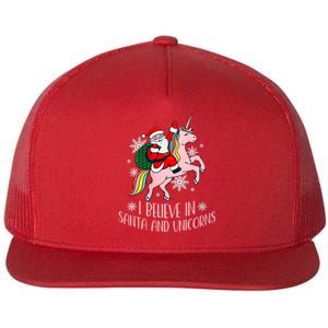 I Believe In Santa And Unicorns Funny Christmas Flat Bill Trucker Hat