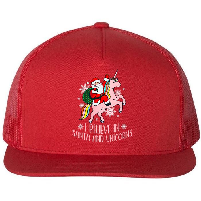 I Believe In Santa And Unicorns Funny Christmas Flat Bill Trucker Hat