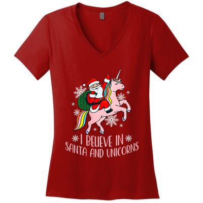 I Believe In Santa And Unicorns Funny Christmas Women's V-Neck T-Shirt