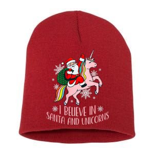 I Believe In Santa And Unicorns Funny Christmas Short Acrylic Beanie