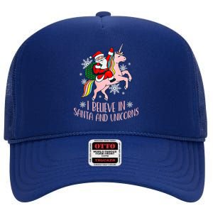 I Believe In Santa And Unicorns Funny Christmas High Crown Mesh Back Trucker Hat