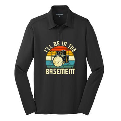 I'll Be In The Basement Drums Funny Drummers Silk Touch Performance Long Sleeve Polo