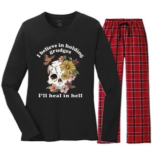 I Believe In Holding Grudges ILl Heal In Hell Floral Skull Women's Long Sleeve Flannel Pajama Set 