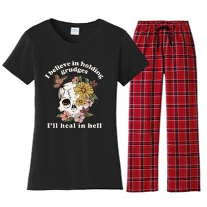 I Believe In Holding Grudges ILl Heal In Hell Floral Skull Women's Flannel Pajama Set