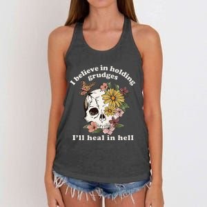 I Believe In Holding Grudges ILl Heal In Hell Floral Skull Women's Knotted Racerback Tank