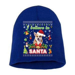 I Believe In Santa Corgi Dog Christmas Paws Sweater Ugly Gift Short Acrylic Beanie