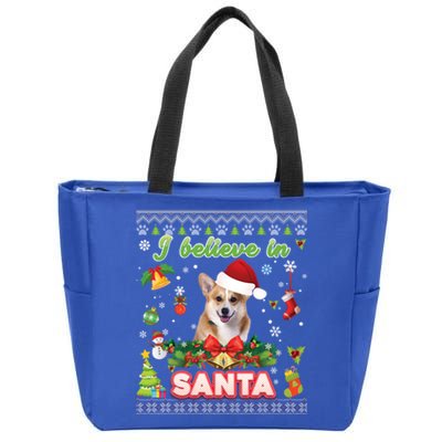 I Believe In Santa Corgi Dog Christmas Paws Sweater Ugly Gift Zip Tote Bag