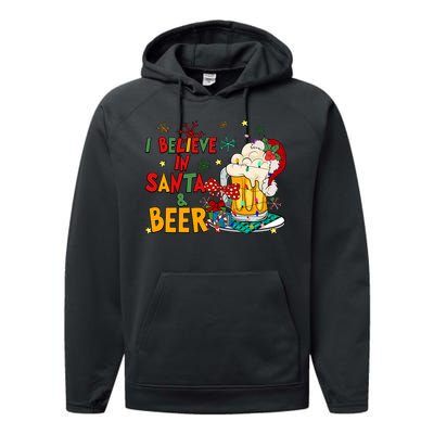 I Believe In Santa And Beer Christmas Lights Funny Santa Hat Gift Performance Fleece Hoodie