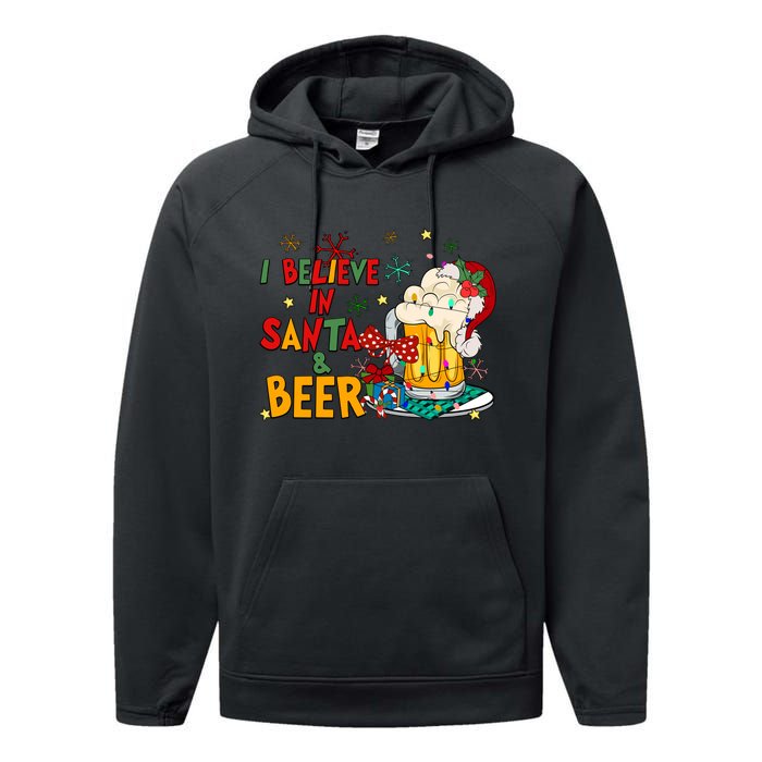 I Believe In Santa And Beer Christmas Lights Funny Santa Hat Gift Performance Fleece Hoodie