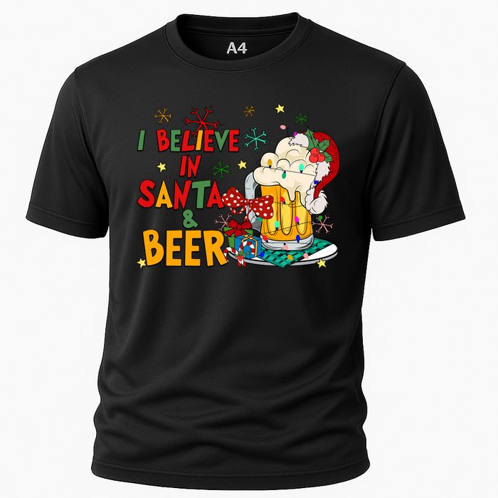 I Believe In Santa And Beer Christmas Lights Funny Santa Hat Gift Cooling Performance Crew T-Shirt