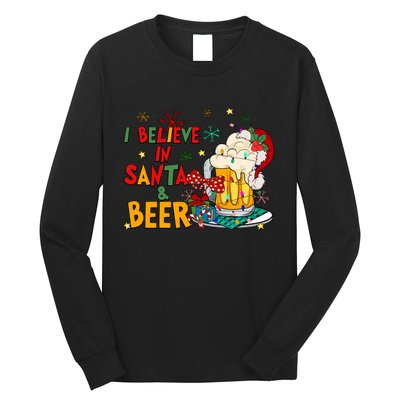 I Believe In Santa And Beer Christmas Lights Funny Santa Hat Gift Long Sleeve Shirt