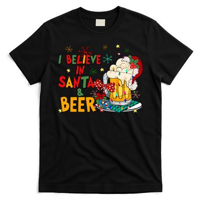 I Believe In Santa And Beer Christmas Lights Funny Santa Hat Gift T-Shirt