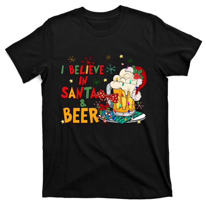 I Believe In Santa And Beer Christmas Lights Funny Santa Hat Gift T-Shirt