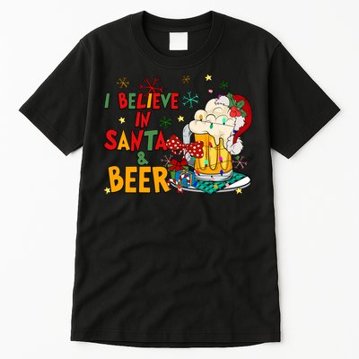 I Believe In Santa And Beer Christmas Lights Funny Santa Hat Gift Tall T-Shirt