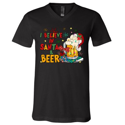 I Believe In Santa And Beer Christmas Lights Funny Santa Hat Gift V-Neck T-Shirt