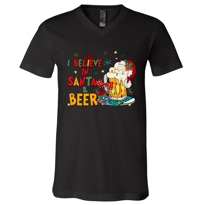 I Believe In Santa And Beer Christmas Lights Funny Santa Hat Gift V-Neck T-Shirt