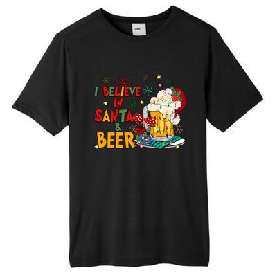 I Believe In Santa And Beer Christmas Lights Funny Santa Hat Gift Tall Fusion ChromaSoft Performance T-Shirt