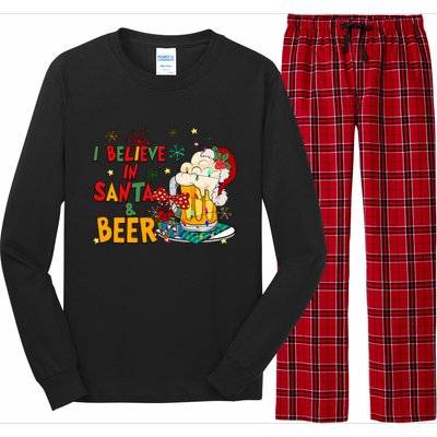 I Believe In Santa And Beer Christmas Lights Funny Santa Hat Gift Long Sleeve Pajama Set