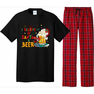 I Believe In Santa And Beer Christmas Lights Funny Santa Hat Gift Pajama Set