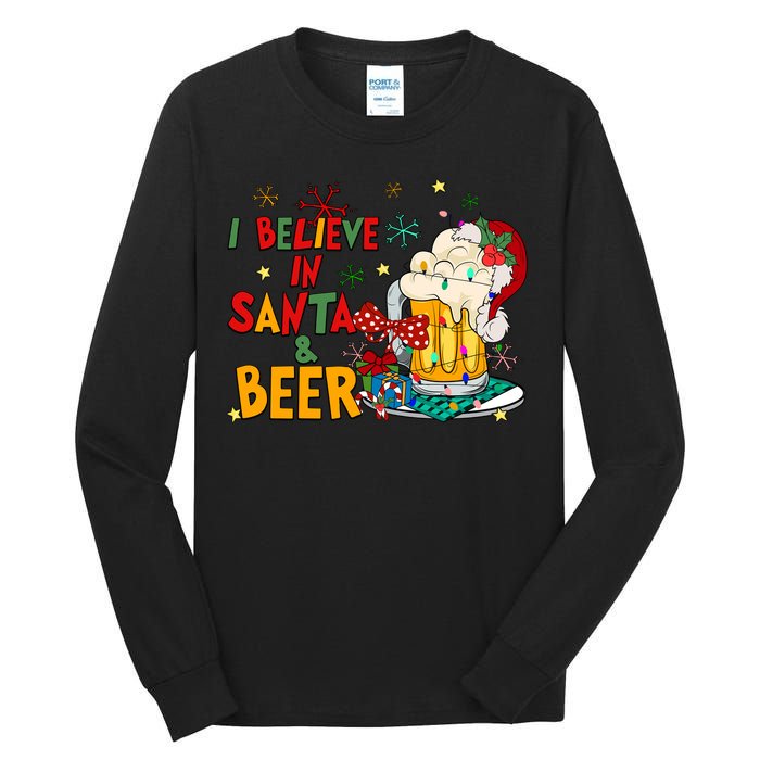 I Believe In Santa And Beer Christmas Lights Funny Santa Hat Gift Tall Long Sleeve T-Shirt