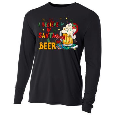 I Believe In Santa And Beer Christmas Lights Funny Santa Hat Gift Cooling Performance Long Sleeve Crew