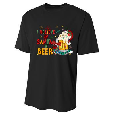 I Believe In Santa And Beer Christmas Lights Funny Santa Hat Gift Performance Sprint T-Shirt