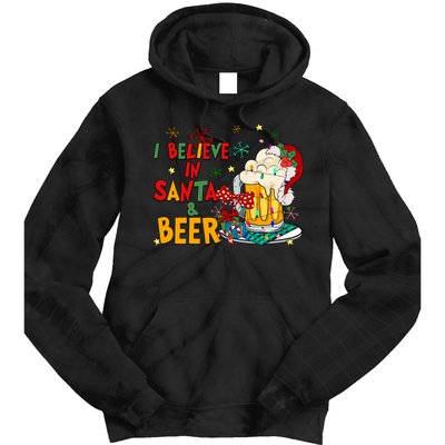 I Believe In Santa And Beer Christmas Lights Funny Santa Hat Gift Tie Dye Hoodie