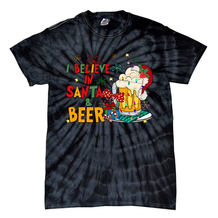 I Believe In Santa And Beer Christmas Lights Funny Santa Hat Gift Tie-Dye T-Shirt